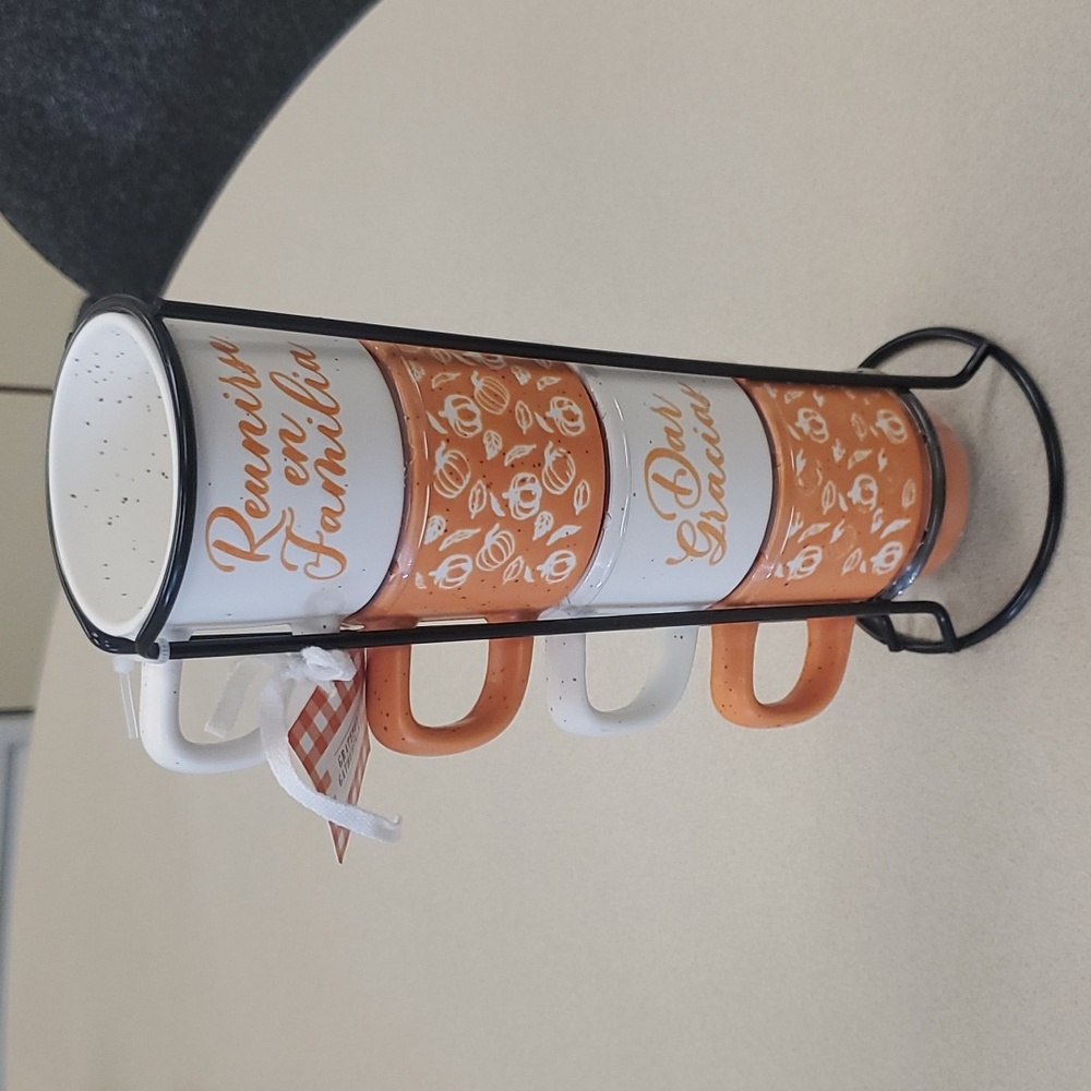 New! Set of 4 stackable Espresso speckled cups with holder